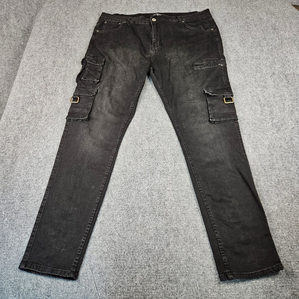 Serenede Mens Black Washed Cargo Jeans Slim Fit Buckle Pockets Size 42